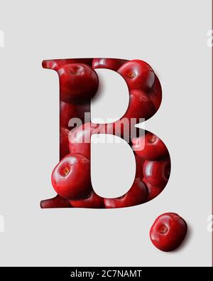 Lettre B de l'alphabet anglais créée à partir de cerises. Lettre 3D en cerisier avec ombre derrière un papier gris clair. Banque D'Images