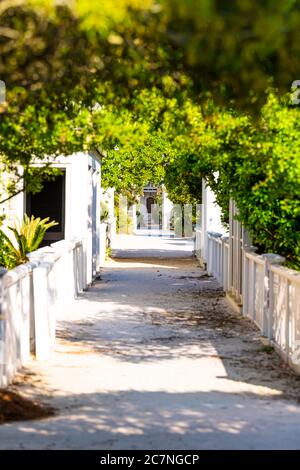 Seaside, USA - 25 avril 2018: Chemin blanc chemin de l'architecture de bois de plage avec des plantes vertes le long du trottoir pour la retraite ou les vacances immobiliers et nobo Banque D'Images