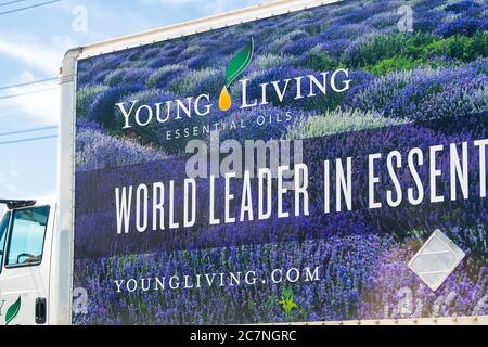 American Fork, USA - 29 juillet 2019 : fermeture de l'affiche pour le camion de livraison de la compagnie Young Living Essential Oils près de l'entrepôt sur la route de l'Utah cars in Banque D'Images