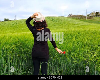 Femme caucasienne portant une fedora et tenant un coquelicot rouge fleur debout dans un champ de blé vert Banque D'Images