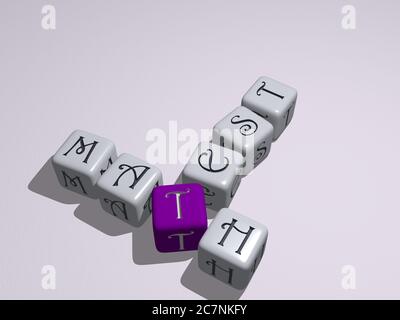 TEST MATHÉMATIQUE combiné par des lettres de dés et de couleur de croisement pour la signification du concept. Illustration et fond. Illustration 3D Banque D'Images