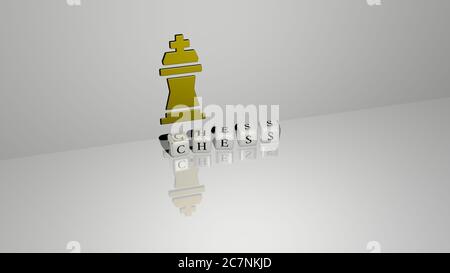 Représentation 3D des ÉCHECS avec icône sur le mur et texte disposé par des lettres métalliques cubes sur un sol miroir pour la signification du concept et la présentation du diaporama. Illustration et arrière-plan Banque D'Images