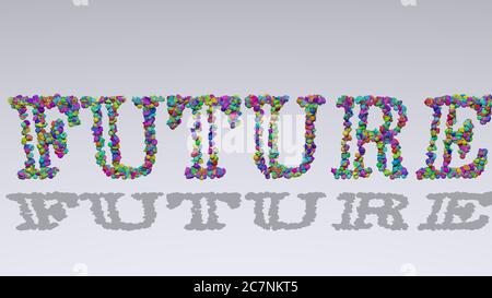 Écriture 3D colorée de TEXTE FUTUR avec de petits objets sur fond blanc et ombre assortie. Illustration et concept Banque D'Images