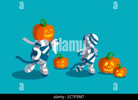 Des momies effrayantes pour Halloween avec des groupes de fougueuses. Plusieurs citrouilles sculptées. Illustration vectorielle pour Halloween Party. Illustration de Vecteur