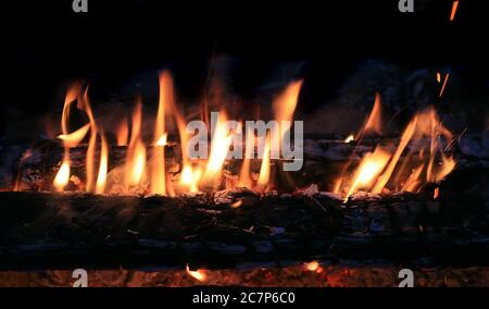 Bois de chauffage de bouleau dans le feu brûler vives Banque D'Images