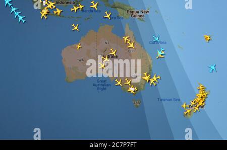 Trafic aérien sur l'Australie et la Nouvelle-Zélande(19 juillet, UTC 20.46) sur Internet avec le site Flightracar 24, pendant la pandémie du coronavirus Banque D'Images