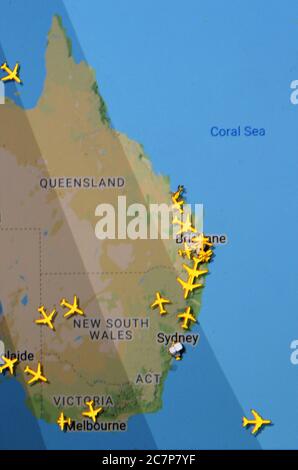 Trafic aérien sur l'Australie (19 juillet, UTC 20.46) sur Internet avec le site Flightracar 24, pendant la pandémie du coronavirus Banque D'Images