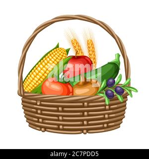 Illustration de la récolte du panier avec fruits et légumes de saison. Illustration de Vecteur
