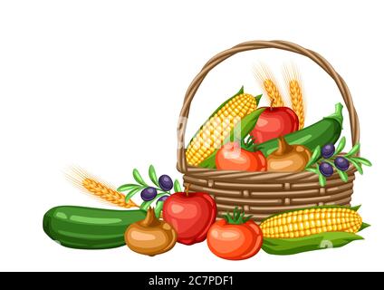 Illustration de la récolte du panier avec fruits et légumes de saison. Illustration de Vecteur
