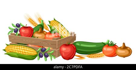 Illustration de la récolte de la boîte avec les fruits et légumes de saison. Illustration de Vecteur
