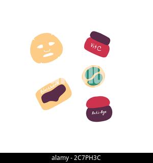 Ensemble cosmétique. Masque de feuilles faciales, patch de nez de tête noire, timbres d'oeil. Produits de beauté pour les soins de la peau. Illustration vectorielle plate Doodle Illustration de Vecteur