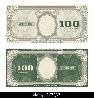 Billets d'argent vectoriels. Illustration de fausse monnaie avec bordure fleurie. Style classique vintage. Verso des factures d'argent. Ovale vide pour portrait Illustration de Vecteur