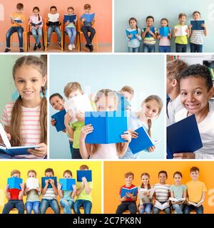 Collage de photos avec de jolis petits enfants lisant des livres Banque D'Images