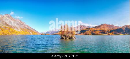 Vues pittoresques sur le lac de Sils (Silsersee) avec de petites îles. Scène automnale colorée des Alpes suisses. Lieu: Maloya, région de l'Engadine, Grisons Banque D'Images