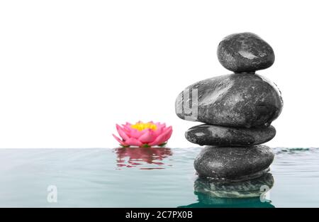 Pierres et fleurs de spa dans l'eau sur fond blanc Banque D'Images