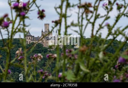 Pattensen, Allemagne. 19 juillet 2020. Le ciel bleu est visible au-dessus du château de Marienburg. Le palais Marienburg est un complexe de palais historicist que le roi George V de Hanovre avait construit entre 1858 et 1869 comme résidence d'été et pavillon de chasse sur le Marienberg près de Hanovre. Crédit : Peter Steffen/dpa/Alay Live News Banque D'Images