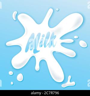 Concept prêt-à-l'emploi de l'affiche publicitaire de lait avec une bouteille et des taches. concept 3d de conditionnement de lait. Illustration vectorielle avec conteneur et l Illustration de Vecteur