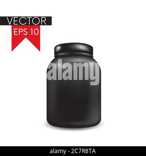 Haltères, capsules et un pot avec créatine, protéine. Illustration vectorielle. Sports et nutrition sportive. Illustration de Vecteur