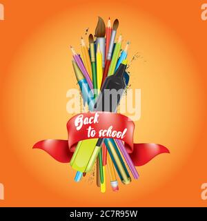 Un ensemble de fournitures scolaires. Design prêt pour la rentrée. Illustration vectorielle avec crayons, règle, ciseaux et gomme, stylo et pinceaux pour dessiner. UM Illustration de Vecteur