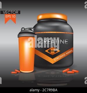 Haltères, capsules et un pot avec créatine, protéine. Illustration vectorielle. Sports et nutrition sportive. Illustration de Vecteur