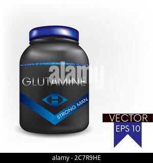 Haltères, capsules et un pot avec créatine, protéine. Illustration vectorielle. Sports et nutrition sportive. Illustration de Vecteur