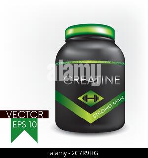 Haltères, capsules et un pot avec créatine, protéine. Illustration vectorielle. Sports et nutrition sportive. Illustration de Vecteur