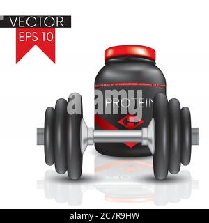 Haltères, capsules et un pot avec créatine, protéine. Illustration vectorielle. Sports et nutrition sportive. Illustration de Vecteur