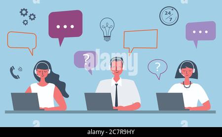 Bannière Web des employés du centre d'appels. Icônes de service d'assistance. Les jeunes hommes et les jeunes femmes qui utilisent des écouteurs sont assis au bureau sur un fond bleu. Icônes de personnes Illustration de Vecteur