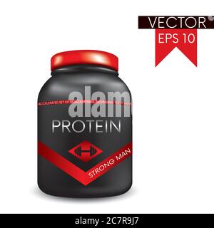 Haltères, capsules et un pot avec créatine, protéine. Illustration vectorielle. Sports et nutrition sportive. Illustration de Vecteur