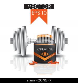 Haltères, capsules et un pot avec créatine, protéine. Illustration vectorielle. Sports et nutrition sportive. Illustration de Vecteur