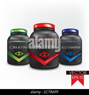Haltères, capsules et un pot avec créatine, protéine. Illustration vectorielle. Sports et nutrition sportive. Illustration de Vecteur