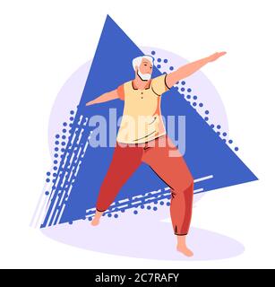 Homme senior effectuant des exercices de yoga sur fond abstrait. Longueur complète de caractère mature dans la posture du guerrier isolé sur blanc. Équilibre entre vie active. Moderne plat personne âgée Virabhadrasana. Illustration de Vecteur