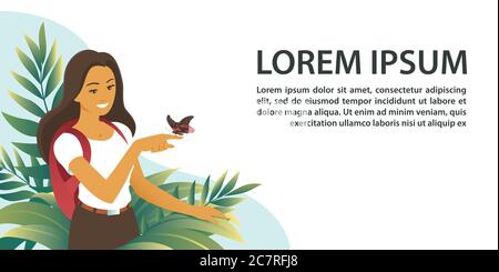 Une fille touriste a vu un papillon tropical. Illustration de Vecteur
