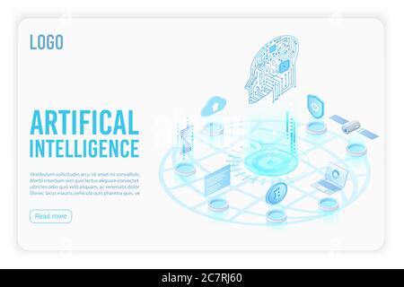 Modèle de vecteur isométrique de la page d'accueil de l'intelligence artificielle. Tête avec illustration 3d de la carte de circuit imprimé. Innovation futuriste, serveur de Cloud computing. Datacenter, page d'accueil du site Web de base de données, présentation 3d Illustration de Vecteur