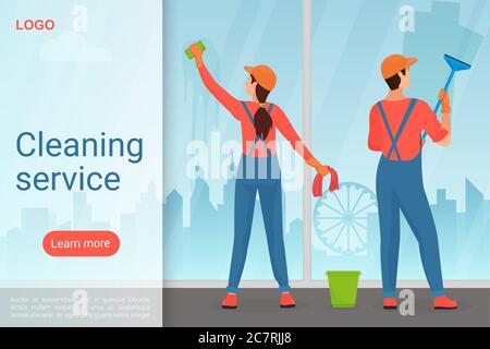 Modèle de vecteur de page de renvoi du service de nettoyage. Idée d'interface de page d'accueil de site Web d'entreprise de nettoyage avec illustrations vectorielles plates. Nettoyants professionnels, dessin animé de bannière de Web de lavage de fenêtre Illustration de Vecteur