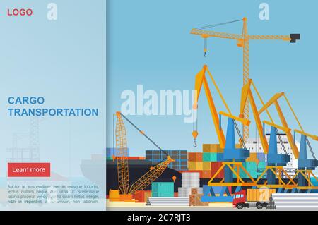 Modèle de page d'arrivée à vecteur plat pour le transport de fret. Grues de quai de port chargeant des conteneurs avec des marchandises. Société logistique livrant la marchandise au navire d'échange. Camion avec caisses lourdes dans le port maritime. Illustration de Vecteur