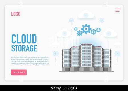 Modèle de page de destination du vecteur de stockage dans le cloud. Concept de page d'accueil du site Web de gestion, d'informatique, de bases de données et de stockage d'informations dans le cloud. Serveur informatique. Présentation de la bannière Web sur les technologies Big Data Illustration de Vecteur