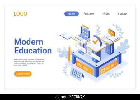 Modèle de page d'accueil isométrique pour l'éducation moderne. Utilisation des technologies informatiques dans les études. E-learning, possibilités d'éducation à distance. Conception de page de site Web d'approche pédagogique innovante. Illustration de Vecteur