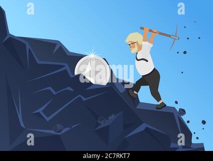 Illustration du vecteur plat d'extraction d'éther. Technologie blockchain. Bénéfices en crypto-monnaie, investissement en devises numériques. Courtier boursier, homme d'affaires mineur personnage de dessin animé tenant métaphore picixe pour obtenir des pièces. Illustration de Vecteur