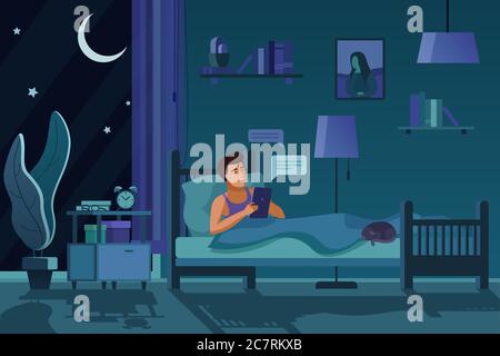 Homme envoyant des SMS de nuit à l'illustration vectorielle plate. Guy au lit, envoi de messages, chat en ligne de dessin. Décoration intérieure de la salle du soir. Personnage de dessin animé masculin souriant utilisant une tablette, chat dormant Illustration de Vecteur