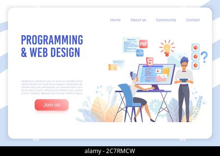 Modèle de page de renvoi à vecteur plat de programmation et de conception Web. Langages de codage, optimisation logicielle, concept de page d'accueil du site Web de développement d'applications mobiles. Mise en page de bannière Web des programmeurs et des codeurs Illustration de Vecteur