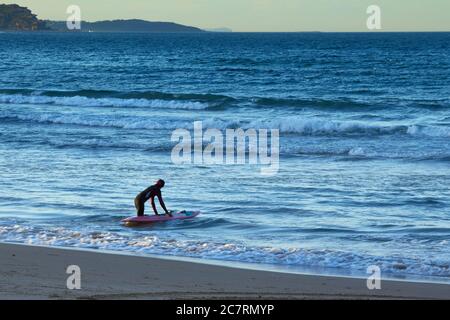 Un surfeur Lone entre dans l'eau à Manley, Sydney, Nouvelle-Galles du Sud, Australie. Banque D'Images