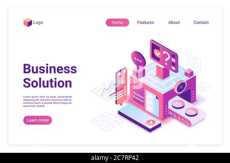 Modèle de page de renvoi vectoriel isométrique de solution métier. Page d'accueil du site Web d'analyse des statistiques de données mise en page 3d. Audit financier, banque. Société stratégie de croissance de profit planification web bannière conception Illustration de Vecteur