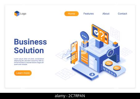 Modèle de page de renvoi vectoriel isométrique de solution métier. Mise en page du site Web de banque en ligne. Gagner de l'argent stratégies page Web 3d concept. Interface Web de traitement automatisé des processus métier Illustration de Vecteur