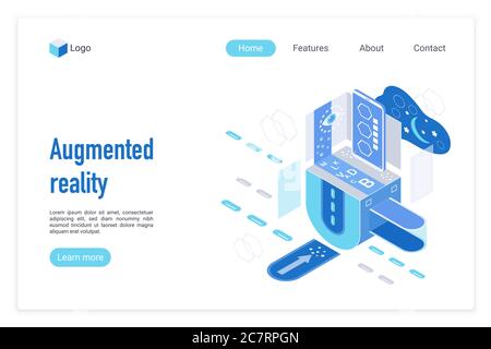 Modèle vectoriel de page d'arrivée en réalité augmentée. Présentation de l'interface de la page d'accueil du site Web interactif avec illustration isométrique. AR TECH, bannière web SMART System, concept 3D de page Web Illustration de Vecteur