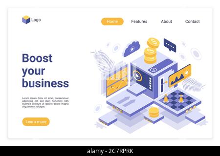 Dynamisez votre modèle de vecteur de page d'arrivée. Mise en page de l'interface de la page d'accueil du site Web de la plate-forme de financement de démarrage avec illustration Bannière Web d'attraction d'investissement, concept 3D de page Web Illustration de Vecteur