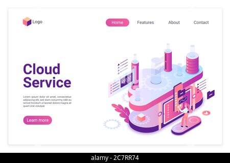 Service Cloud, modèle de vecteur isométrique de page de renvoi de base de données. Conception du site Web du serveur Big Data. Concept 3d de la page Web du datacenter. Stockage de données numériques et interface Web analytique Illustration de Vecteur