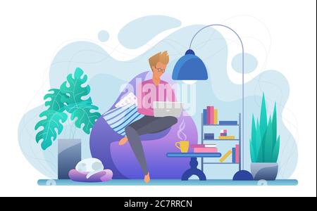 Homme travaillant avec l'illustration vectorielle plate d'ordinateur portable. Jeune freelance, étudiant avec personnage de dessin animé informatique. Affaires en ligne, loisirs Internet. Travail à distance, enseignement à distance, freelance, externalisation Illustration de Vecteur