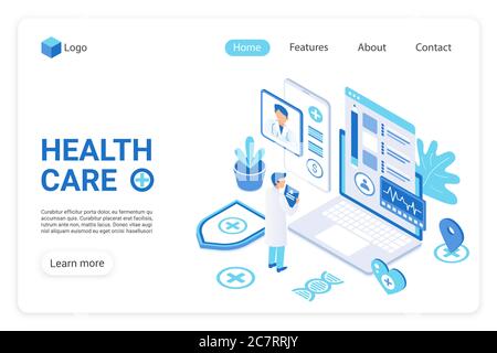 Modèle de vecteur de page d'arrivée des soins de santé. Clinique de diagnostic, page d'accueil du site Web de l'hôpital, disposition de l'interface utilisateur avec illustration isométrique. Secteur de la santé, bannière Web de service médical, concept 3D de page Web Illustration de Vecteur