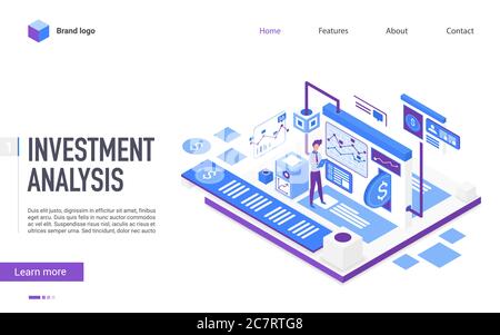 Modèle vectoriel de page d'arrivée d'analyse de placement. Analyse des affaires, page d'accueil du site Web de bourse avec illustration isométrique. Service de conseiller financier bannière Web concept 3D Illustration de Vecteur